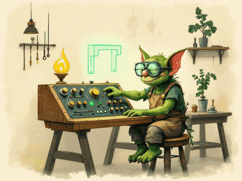 A goblin turning brass dials on a wooden control box that reshapes a glowing green model