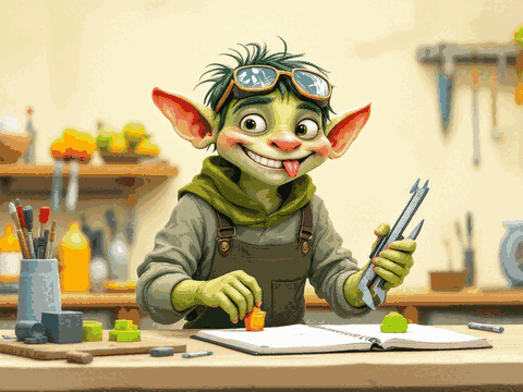 A cheerful goblin measuring a small printed test piece with calipers
