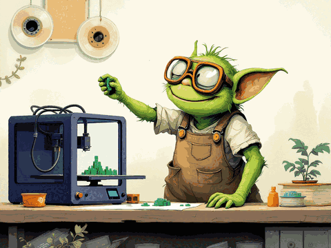 A goblin lifting a fresh green part off a desktop 3D printer