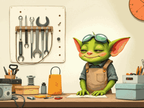A goblin smiling at a tidy workbench with tools hung on the wall